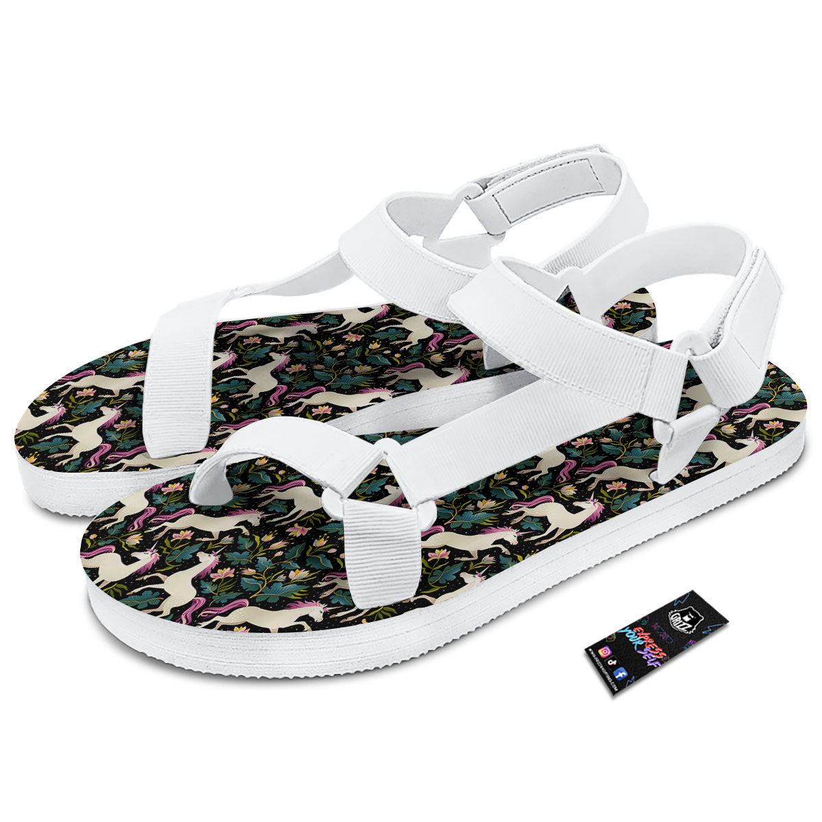 Unicorn Floral Print Pattern White Open Toe Sandals-grizzshop