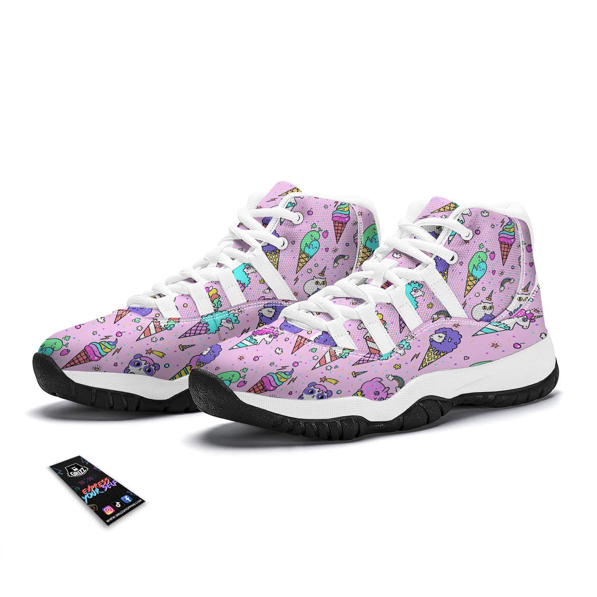 Unicorn Ice Cream Cone Pattern Print White Bball Shoes-grizzshop