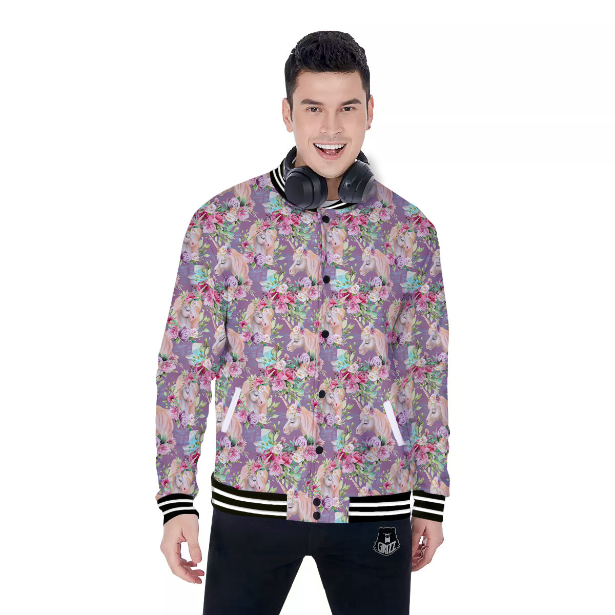 Unicorn Magic Floral Print Pattern Baseball Jacket-grizzshop
