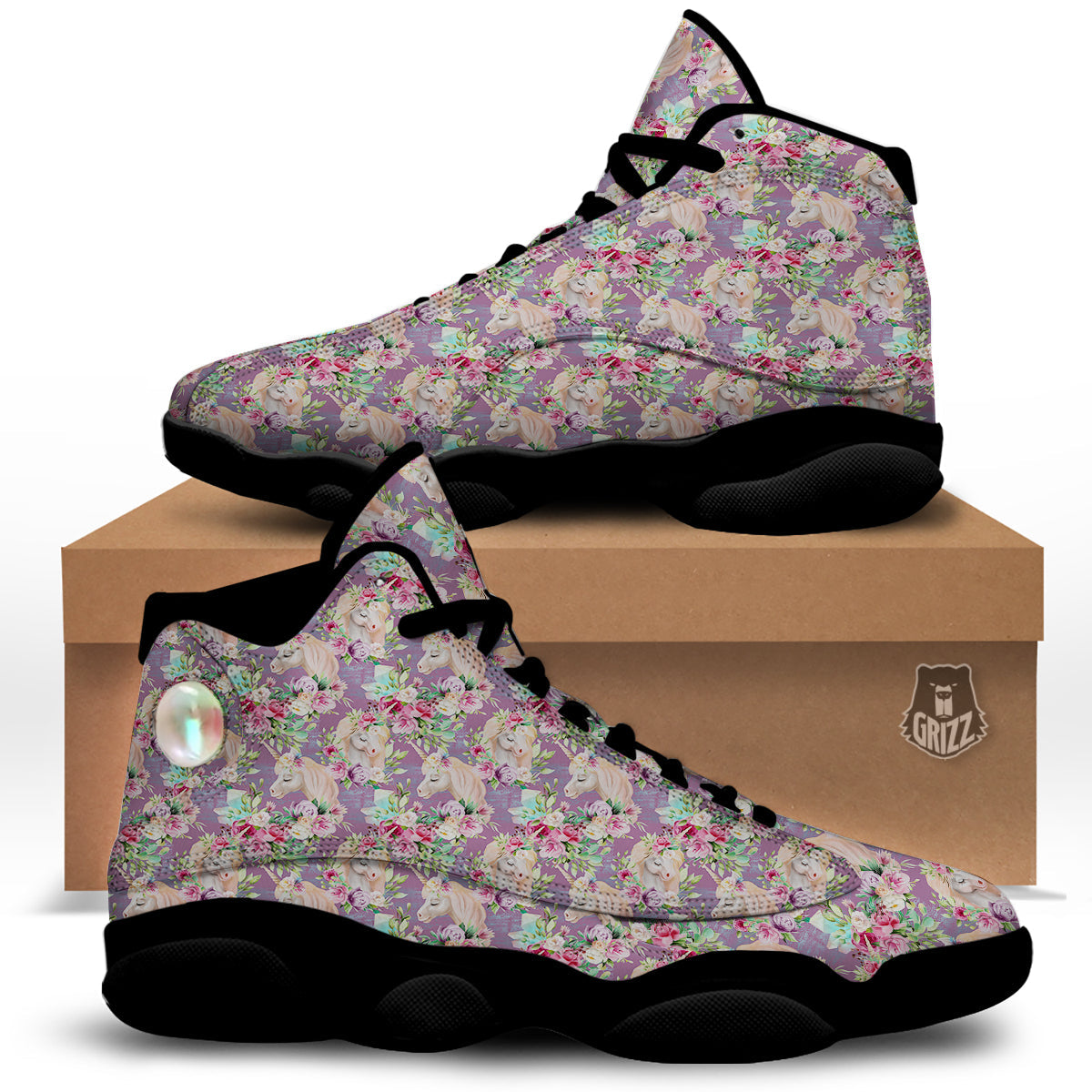 Unicorn Magic Floral Print Pattern Black Basketball Shoes-grizzshop