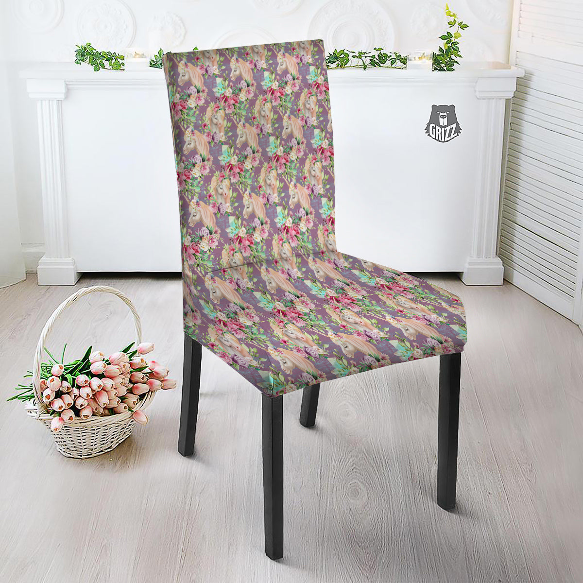 Unicorn Magic Floral Print Pattern Dining Chair Slipcover-grizzshop