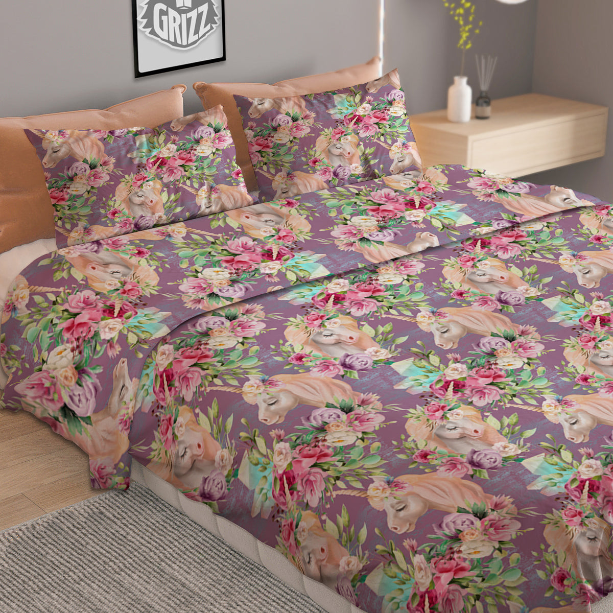 Unicorn Magic Floral Print Pattern Duvet Cover Bedding Set