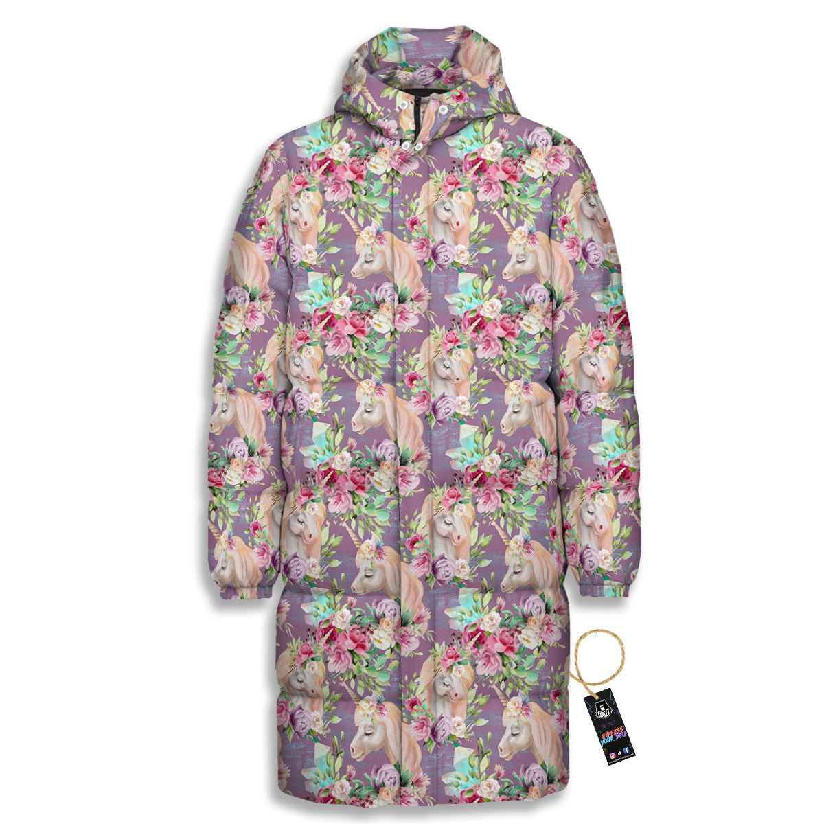 Unicorn Magic Floral Print Pattern Long Down Jacket-grizzshop