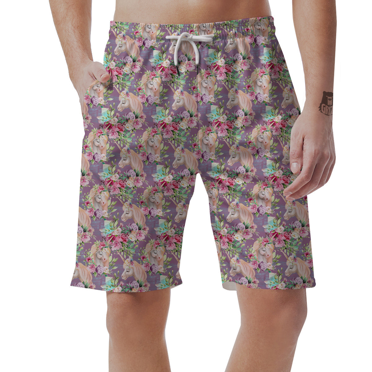 Unicorn Magic Floral Print Pattern Men's Shorts-grizzshop