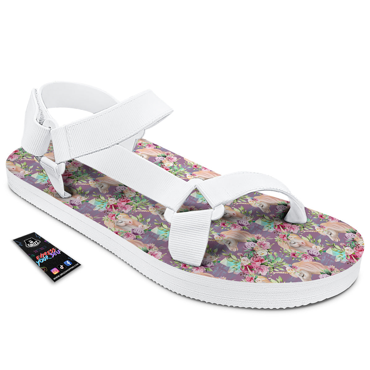 Unicorn Magic Floral Print Pattern White Open Toe Sandals-grizzshop