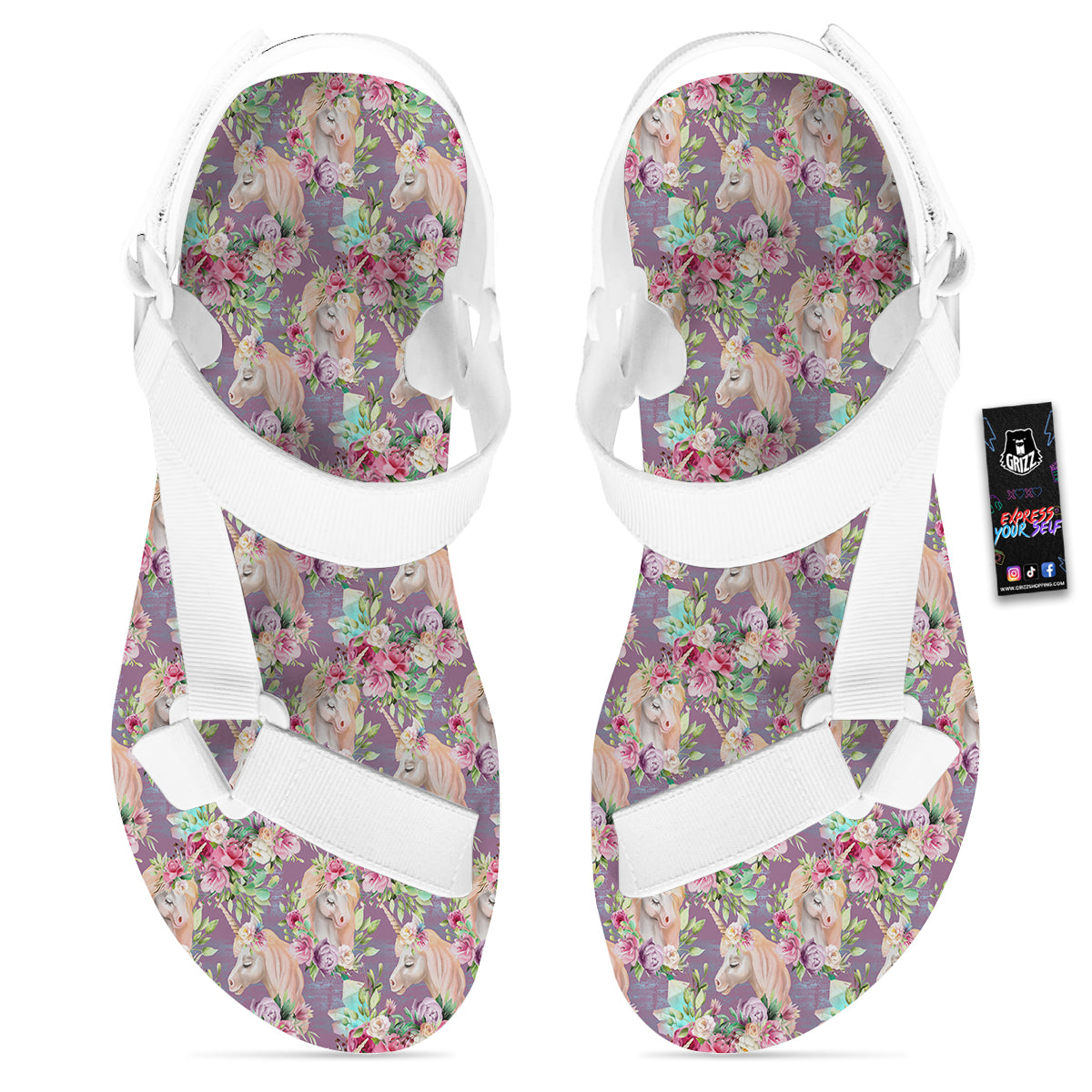 Unicorn Magic Floral Print Pattern White Open Toe Sandals-grizzshop