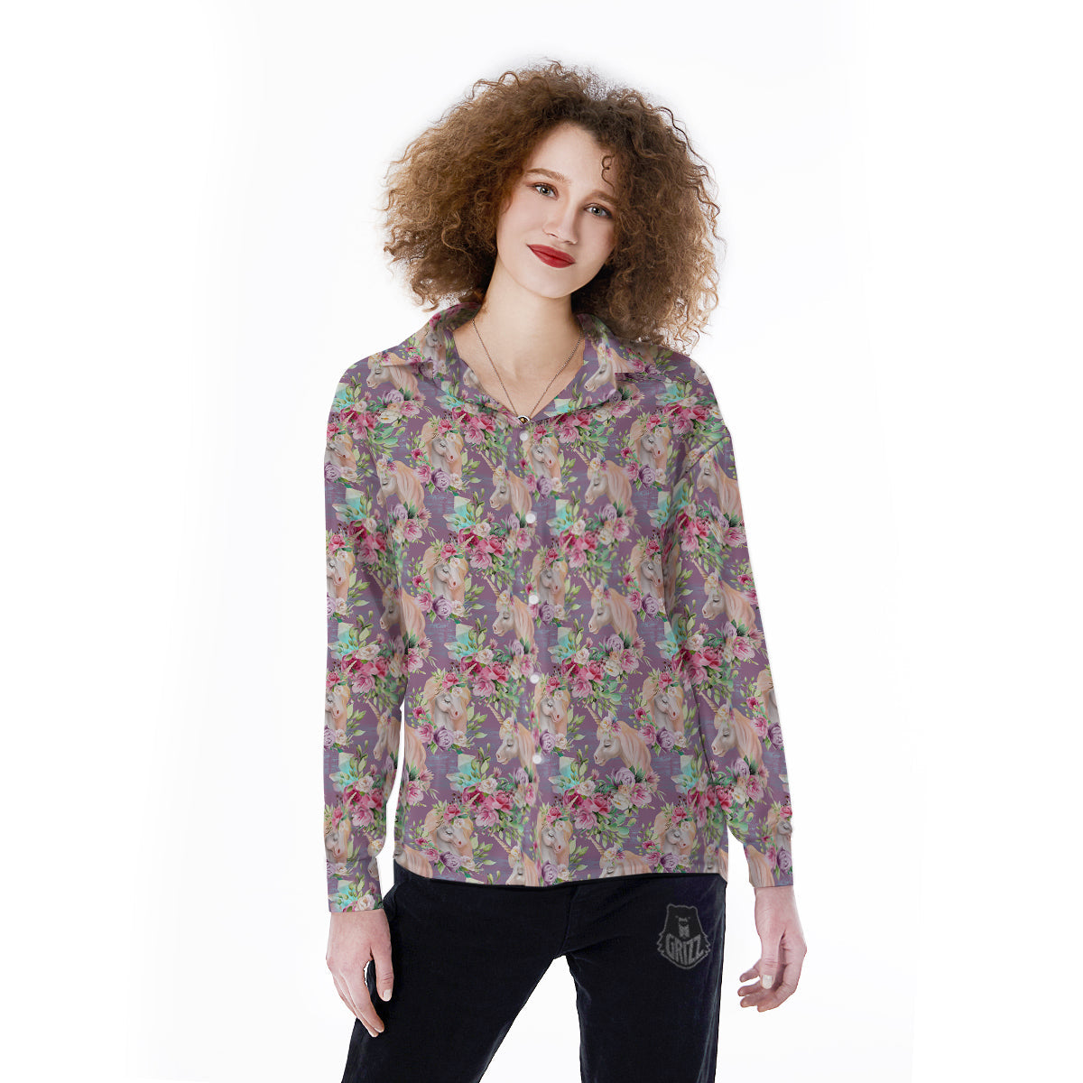 Unicorn Magic Floral Print Pattern Women's Long Sleeve Shirts-grizzshop