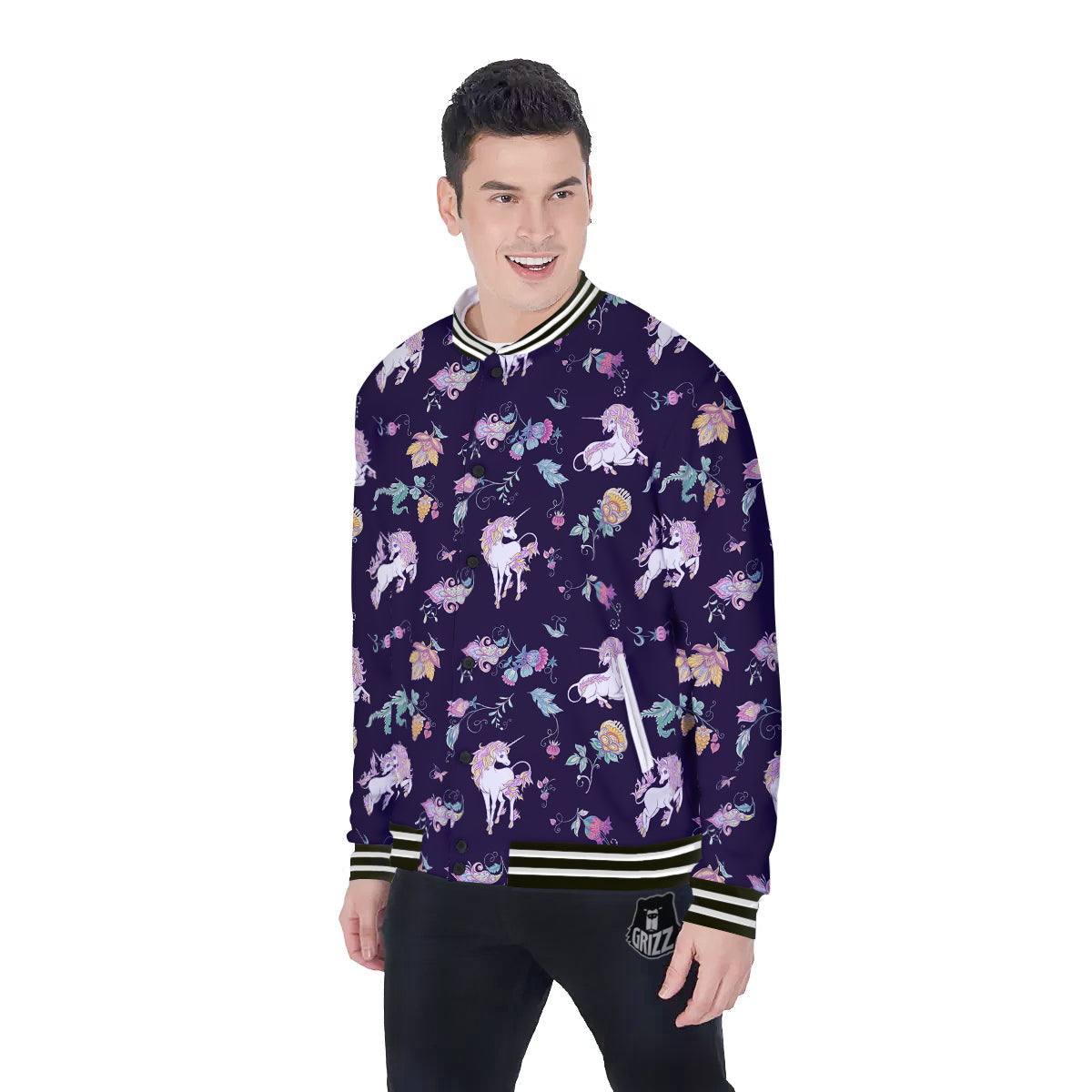 Unicorn Night Floral Print Pattern Baseball Jacket-grizzshop