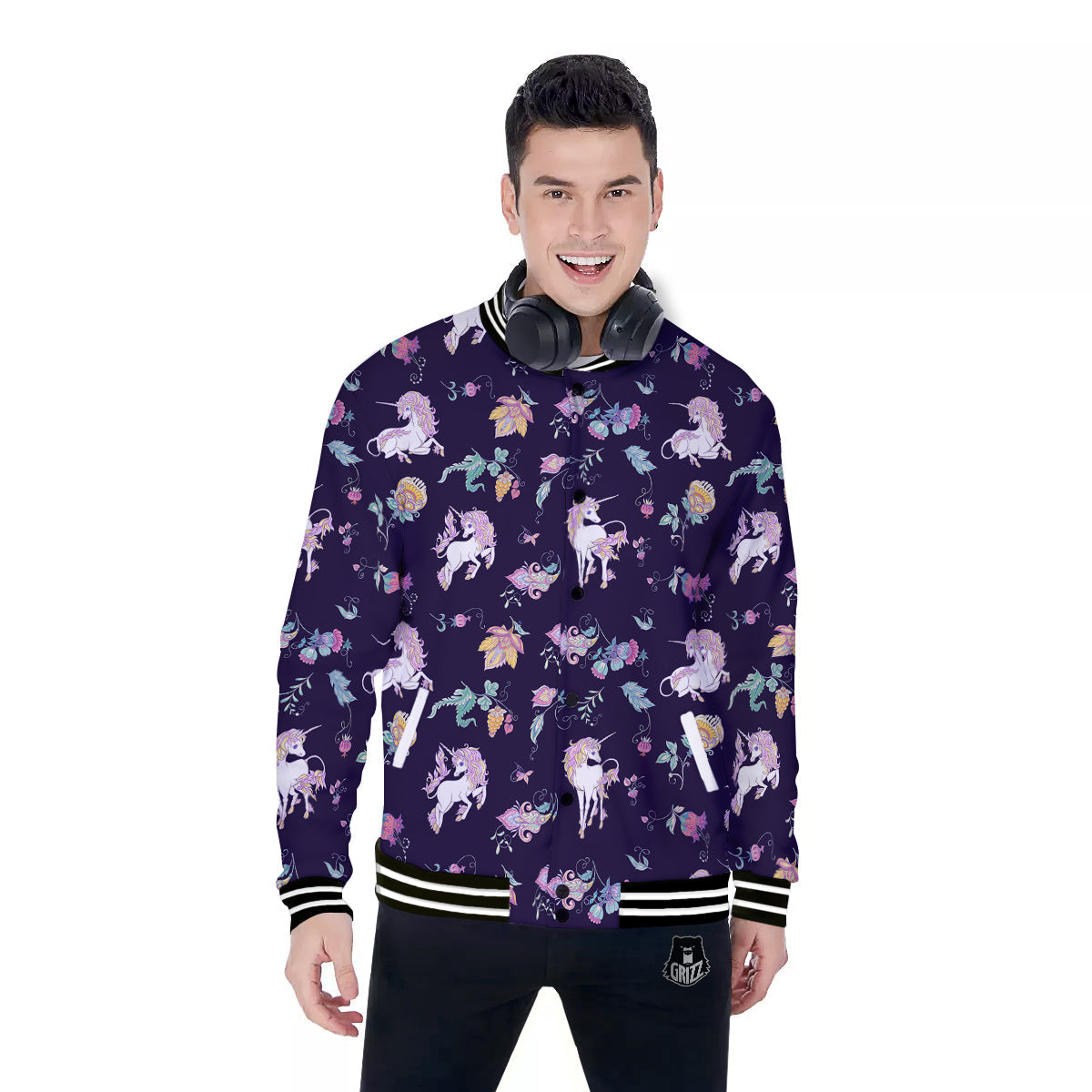Unicorn Night Floral Print Pattern Baseball Jacket-grizzshop