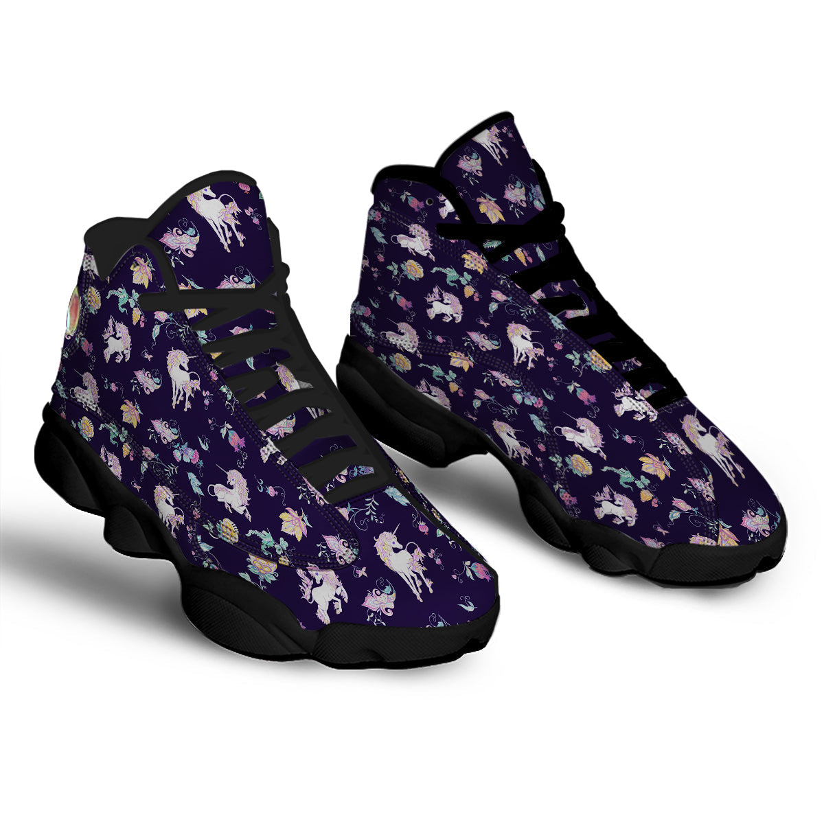 Unicorn Night Floral Print Pattern Black Basketball Shoes-grizzshop