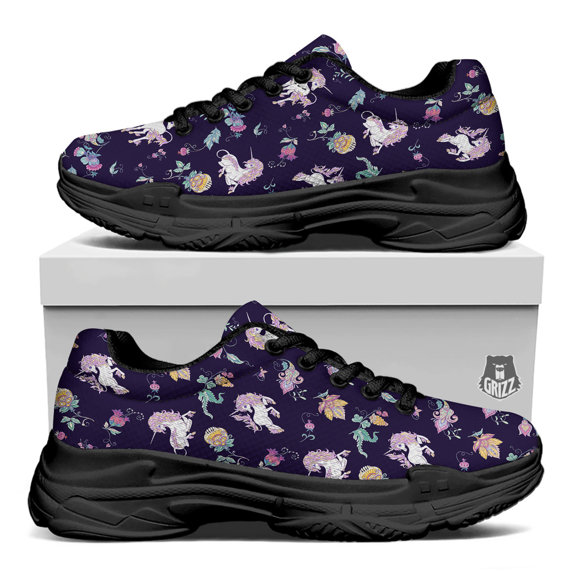 Unicorn Night Floral Print Pattern Black Chunky Shoes-grizzshop