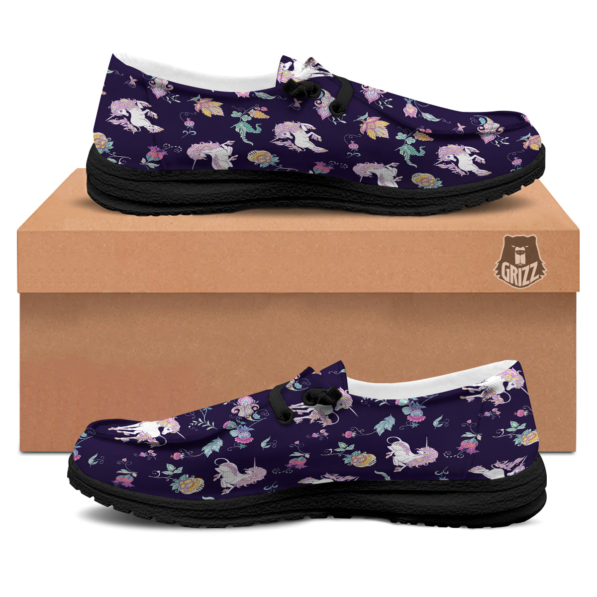 Unicorn Night Floral Print Pattern Black Loafers-grizzshop