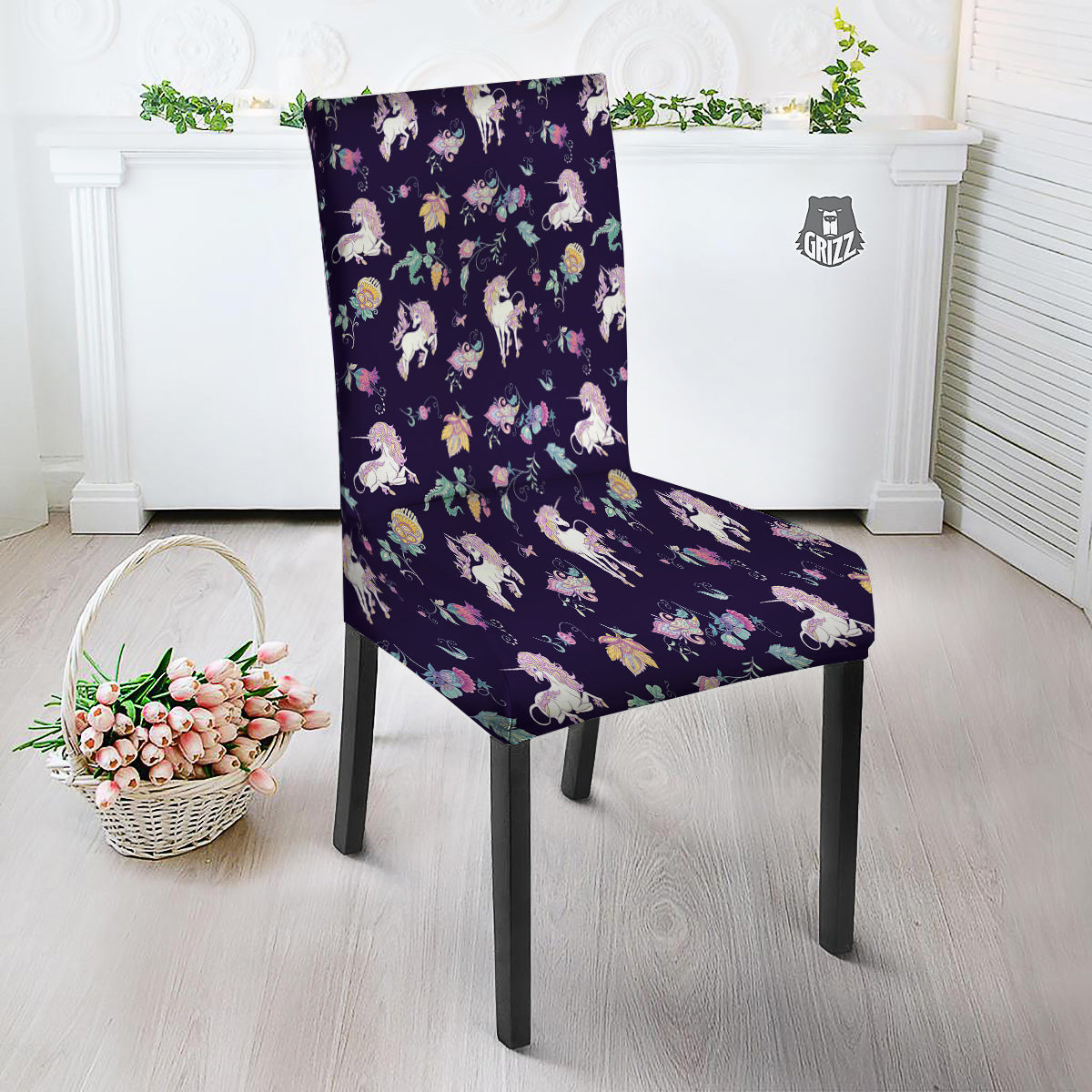Unicorn Night Floral Print Pattern Dining Chair Slipcover-grizzshop