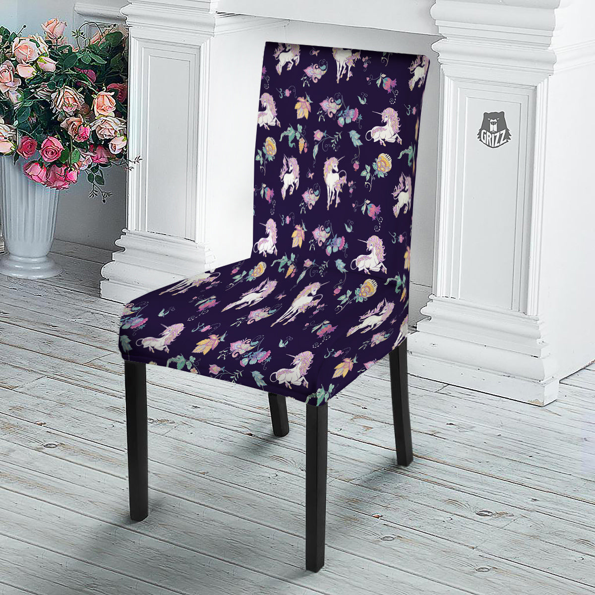 Unicorn Night Floral Print Pattern Dining Chair Slipcover-grizzshop