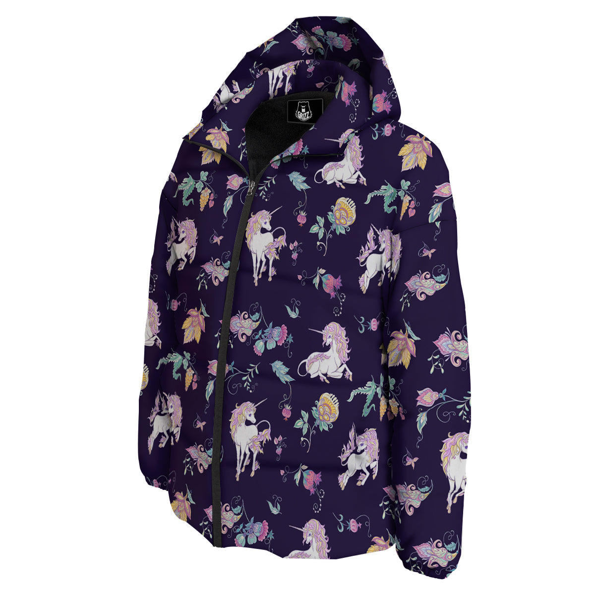 Unicorn Night Floral Print Pattern Down Jacket-grizzshop