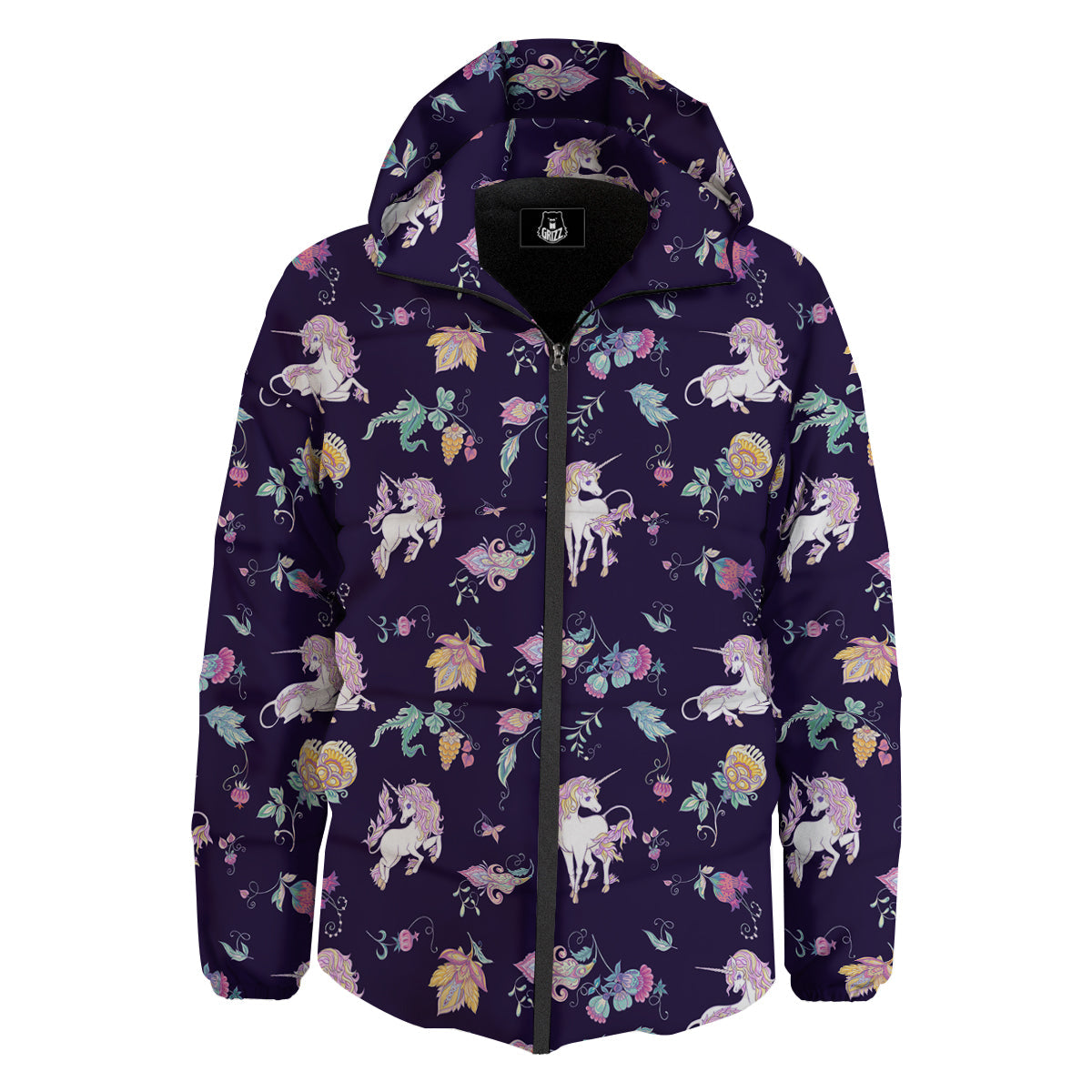 Unicorn Night Floral Print Pattern Down Jacket-grizzshop