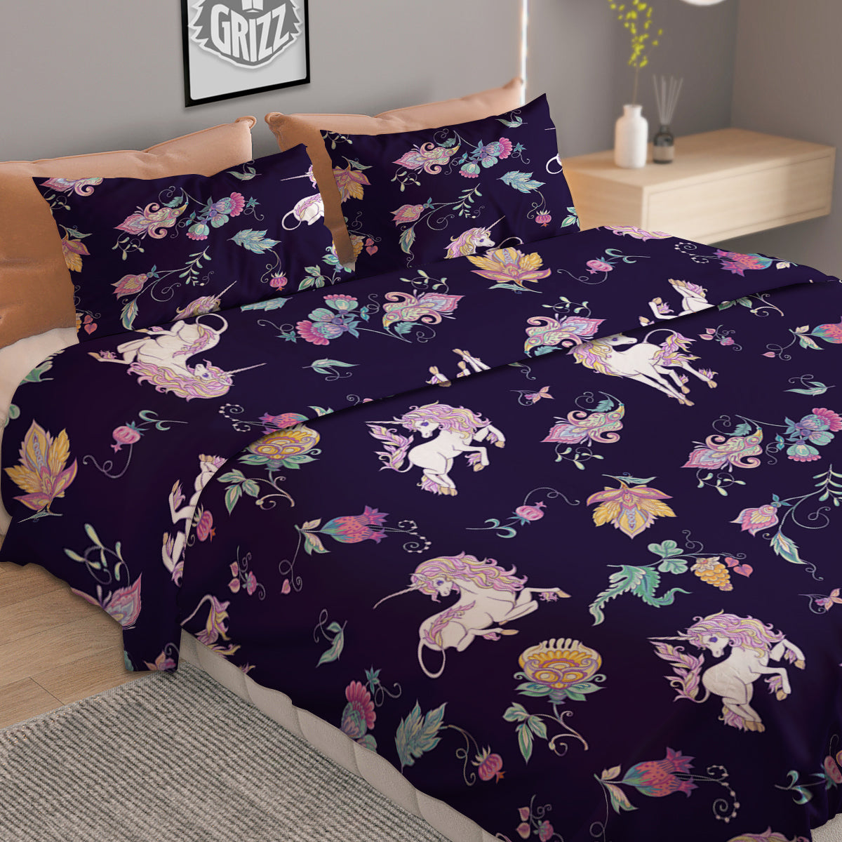 Unicorn Night Floral Print Pattern Duvet Cover Bedding Set