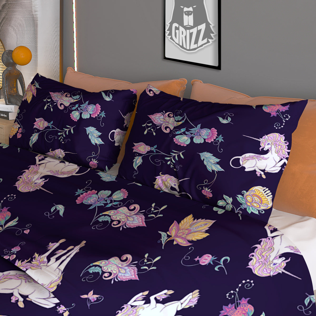 Unicorn Night Floral Print Pattern Duvet Cover Bedding Set