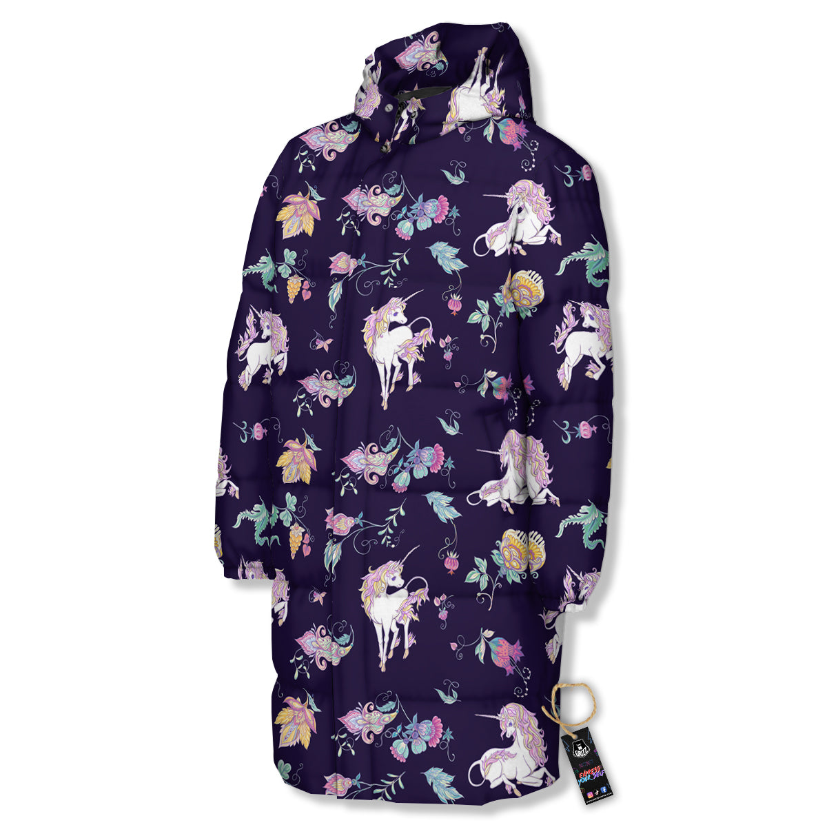 Unicorn Night Floral Print Pattern Long Down Jacket-grizzshop