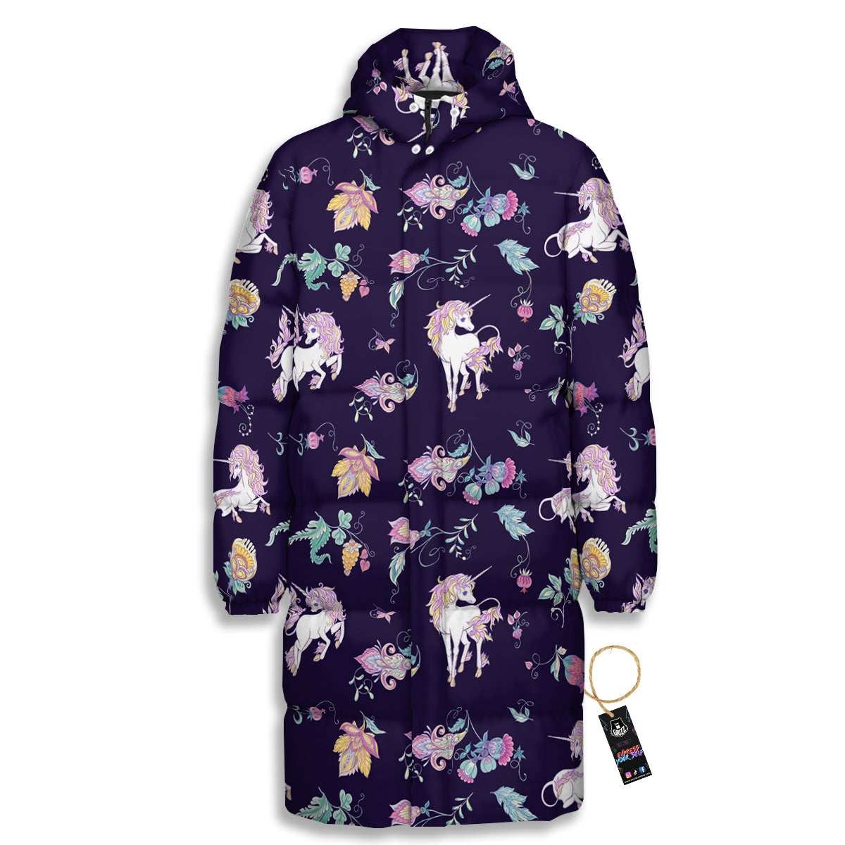 Unicorn Night Floral Print Pattern Long Down Jacket-grizzshop