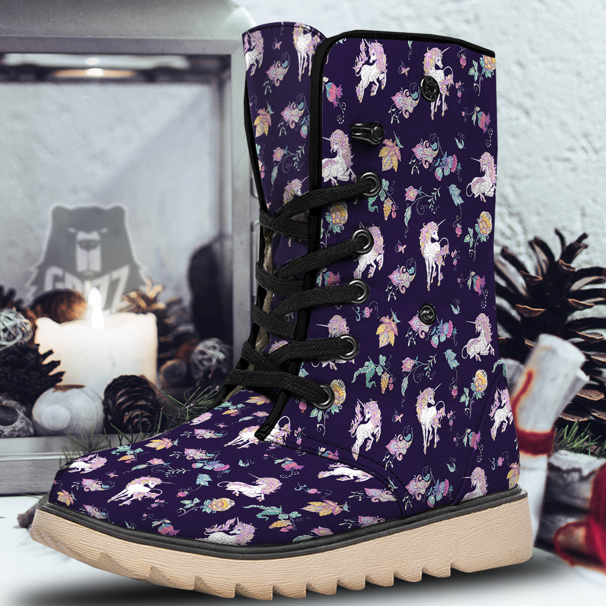 Unicorn Night Floral Print Pattern Snow Boots-grizzshop