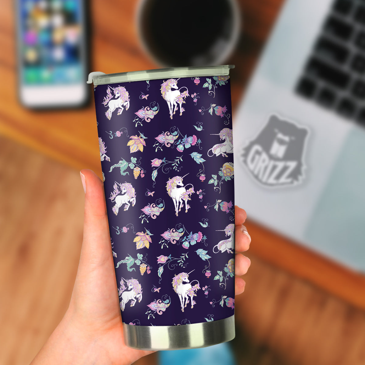 Unicorn Night Floral Print Pattern Tumbler-grizzshop