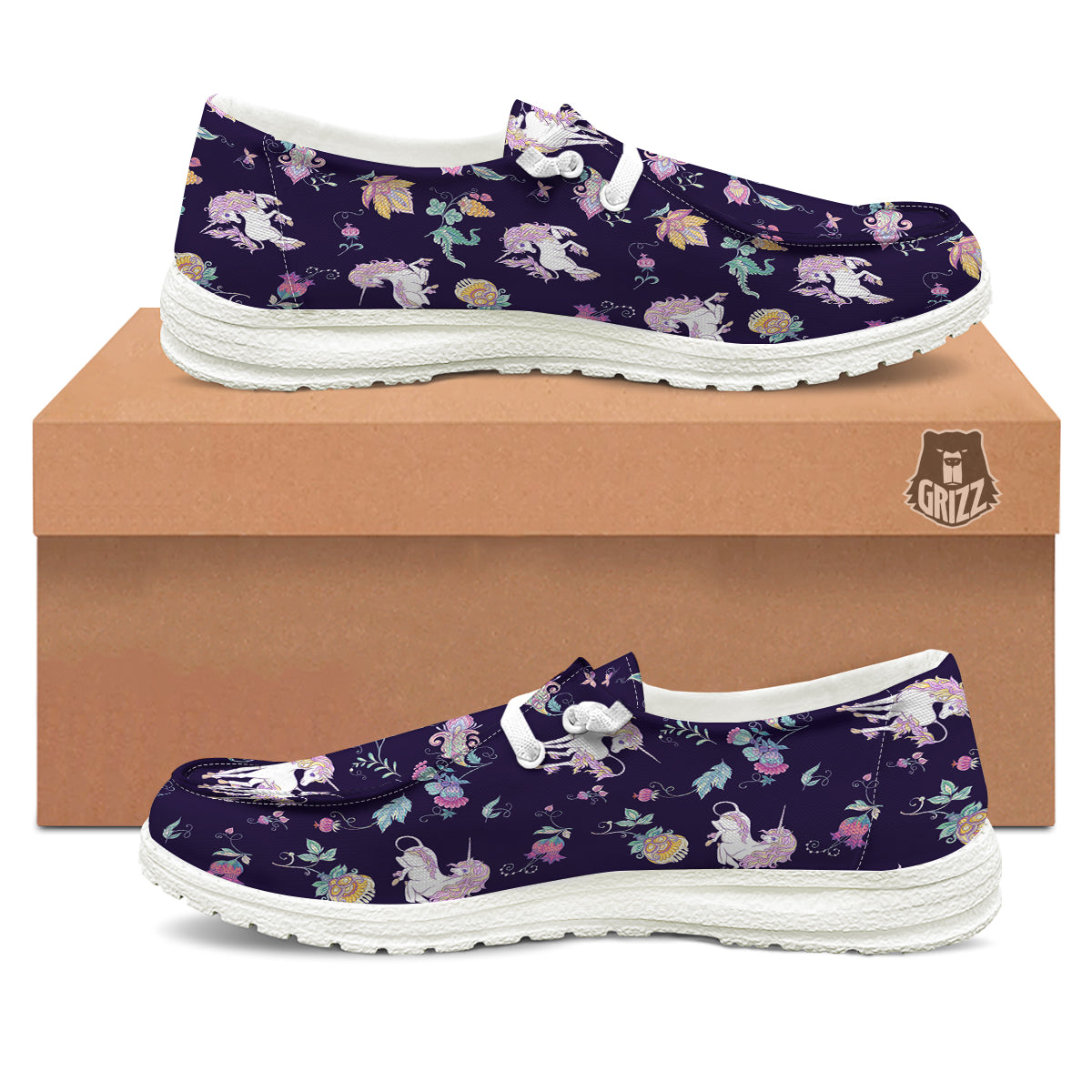 Unicorn Night Floral Print Pattern White Loafers-grizzshop