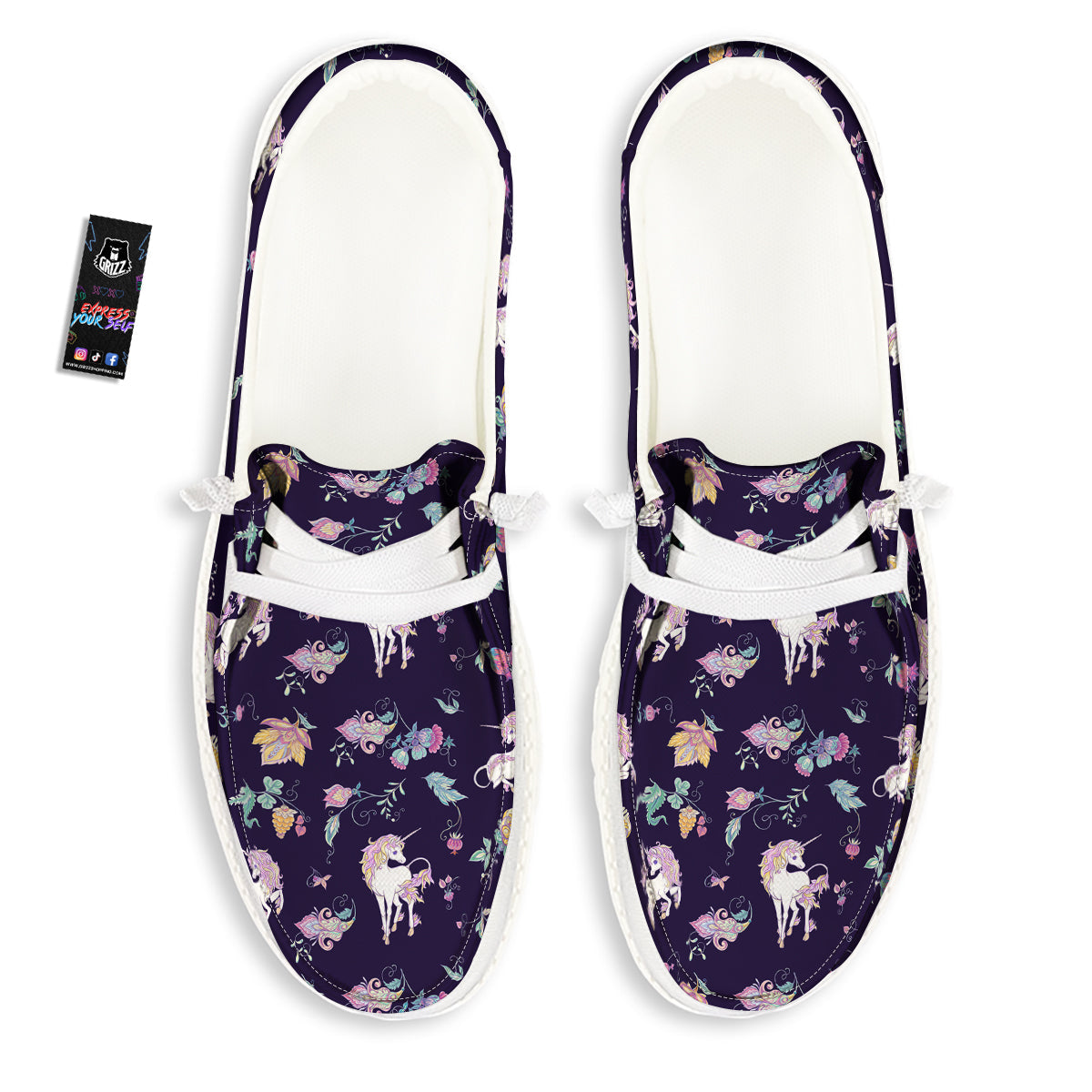 Unicorn Night Floral Print Pattern White Loafers-grizzshop