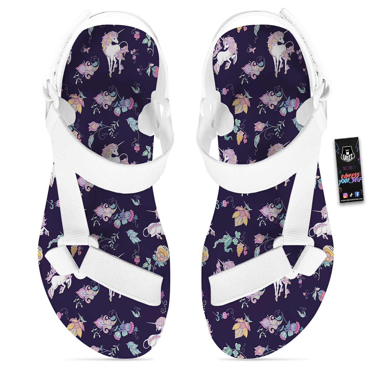 Unicorn Night Floral Print Pattern White Open Toe Sandals-grizzshop