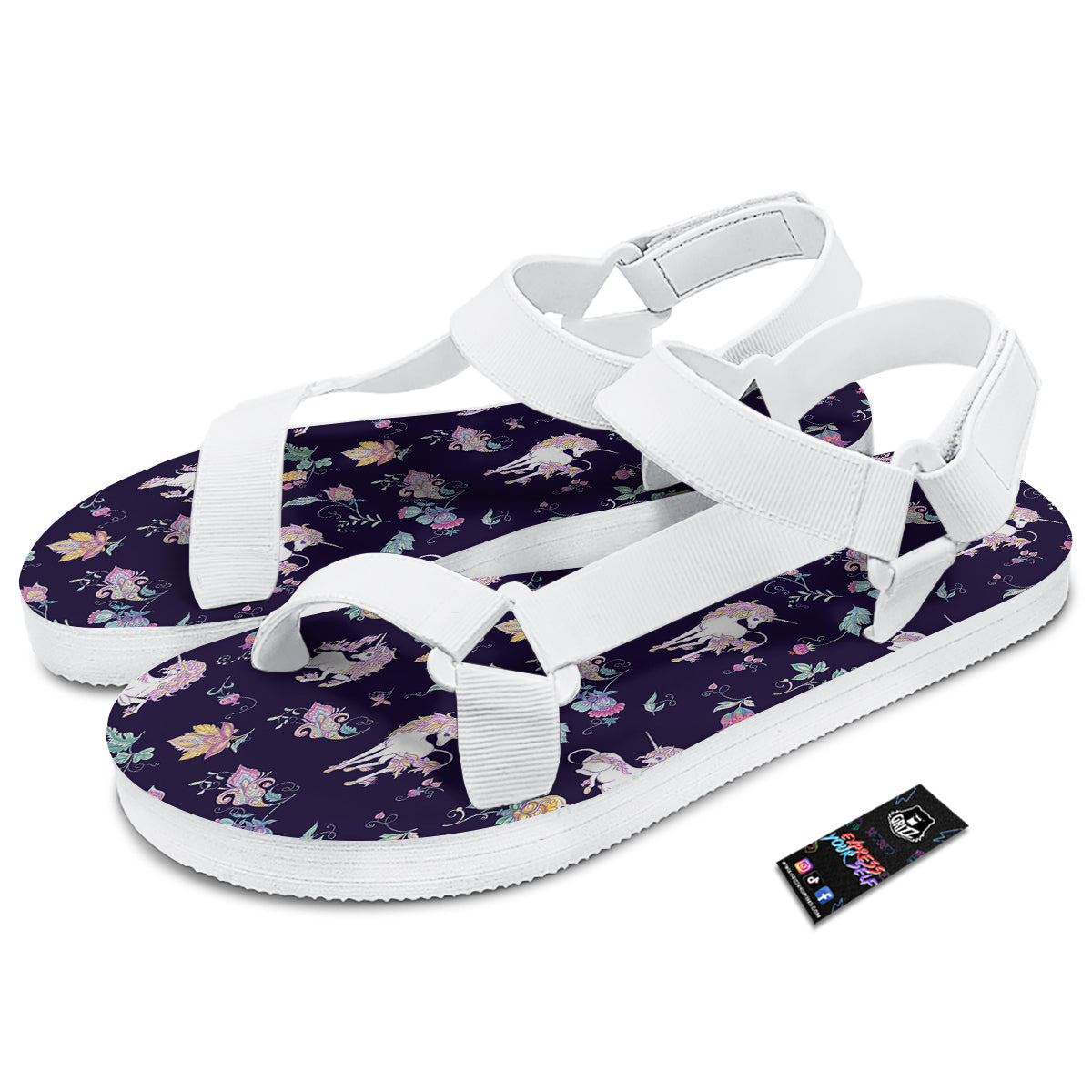 Unicorn Night Floral Print Pattern White Open Toe Sandals-grizzshop