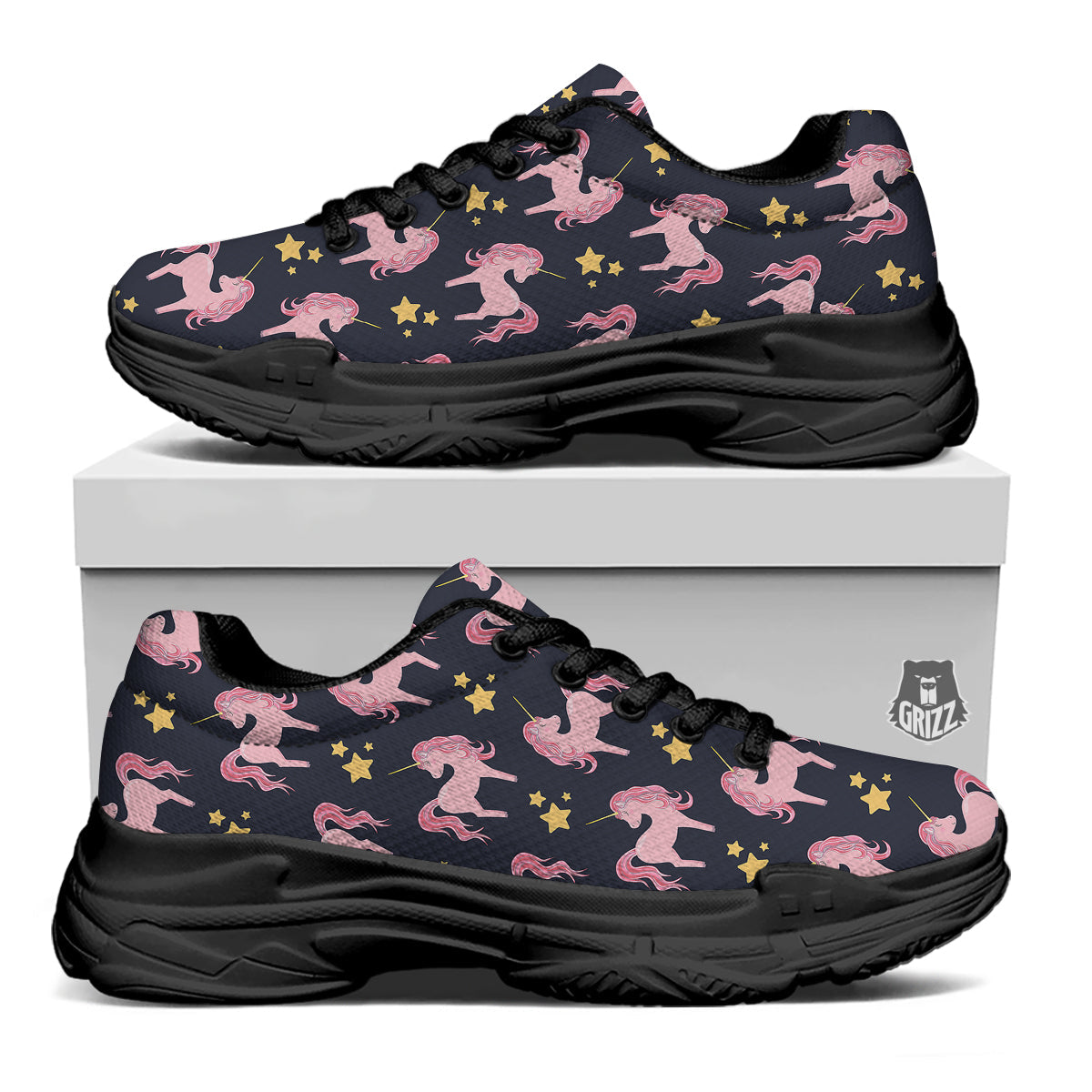 Unicorn Night Star Print Pattern Black Chunky Shoes-grizzshop