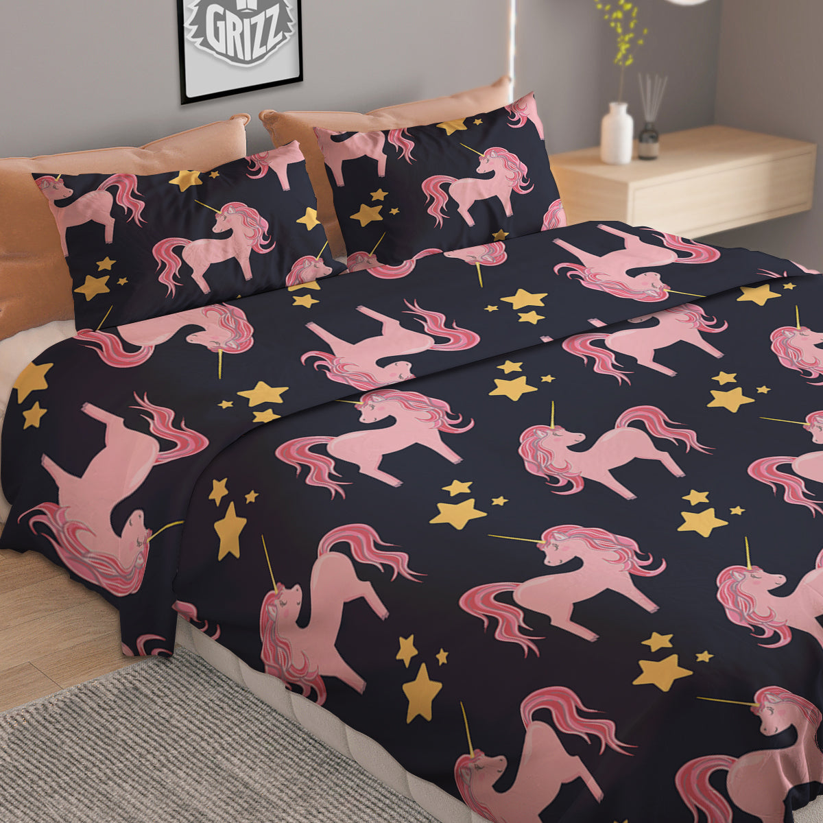 Unicorn Night Star Print Pattern Duvet Cover Bedding Set