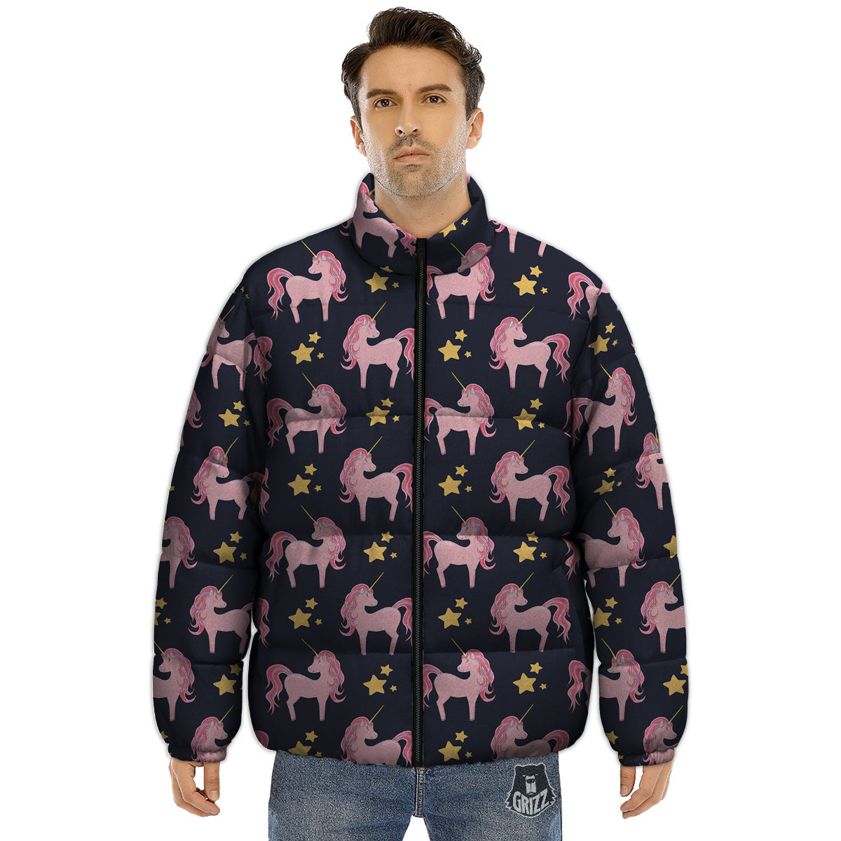 Unicorn Night Star Print Pattern Puffer Jacket-grizzshop