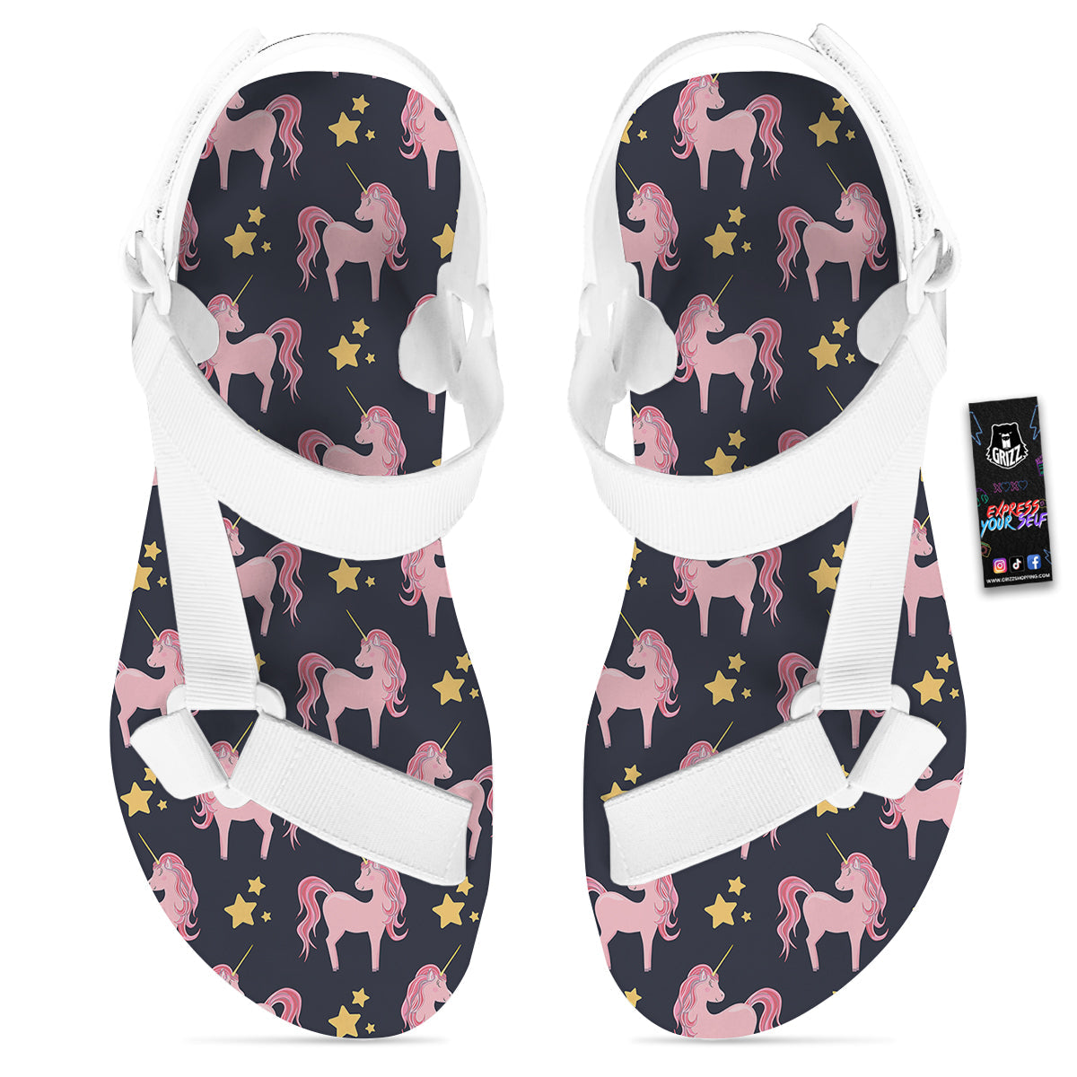 Unicorn Night Star Print Pattern White Open Toe Sandals-grizzshop