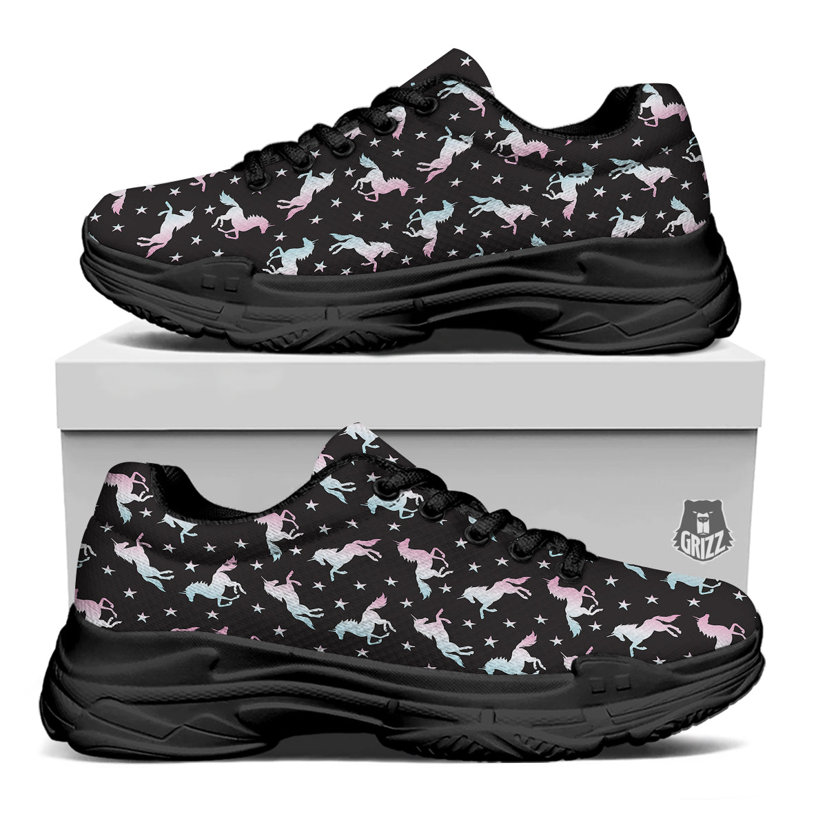 Unicorn Night Winged Print Pattern Black Chunky Shoes-grizzshop