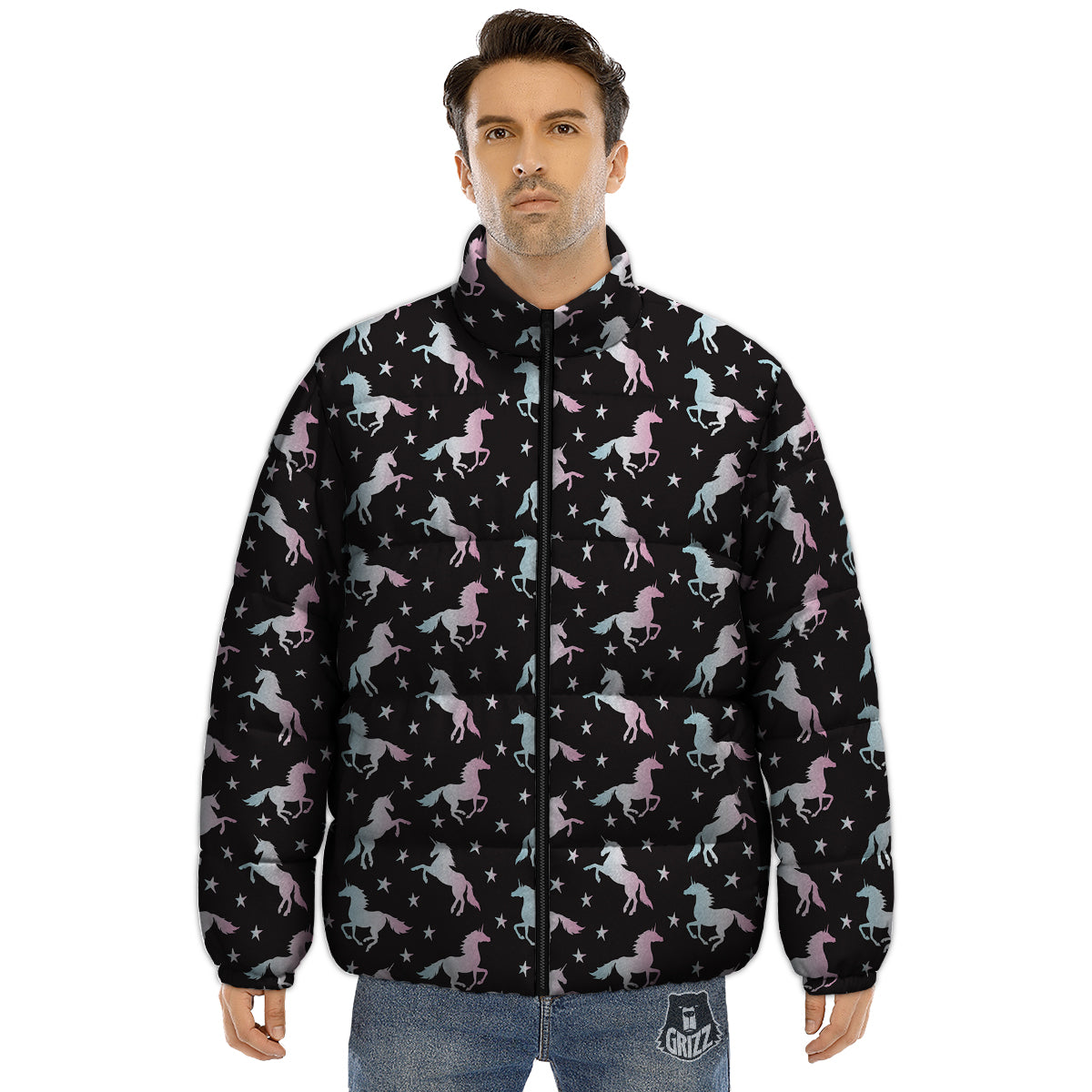 Unicorn Night Winged Print Pattern Puffer Jacket-grizzshop
