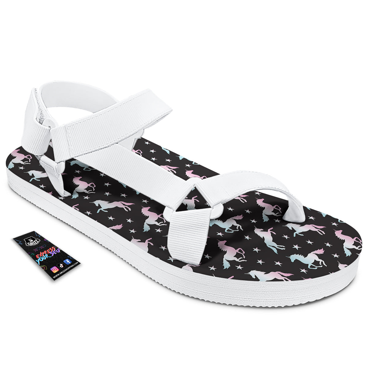 Unicorn Night Winged Print Pattern White Open Toe Sandals-grizzshop