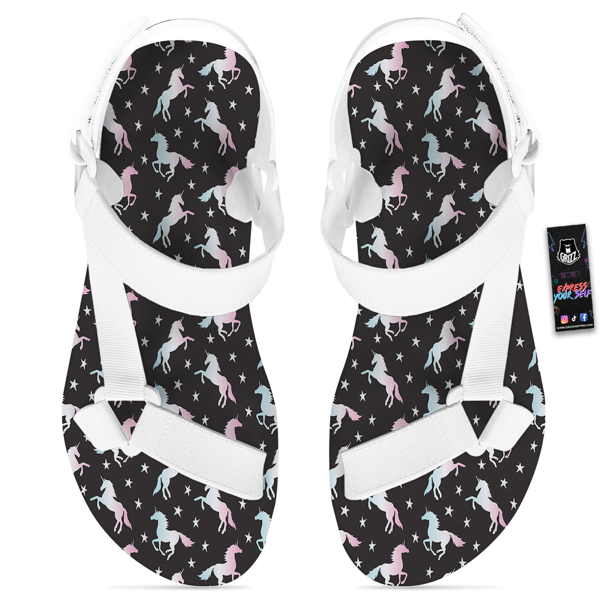 Unicorn Night Winged Print Pattern White Open Toe Sandals-grizzshop