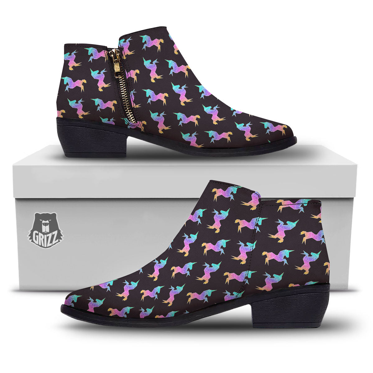 Unicorn Rainbow Origami Print Pattern Ankle Boots-grizzshop
