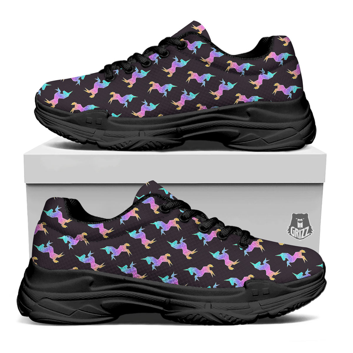 Unicorn Rainbow Origami Print Pattern Black Chunky Shoes-grizzshop