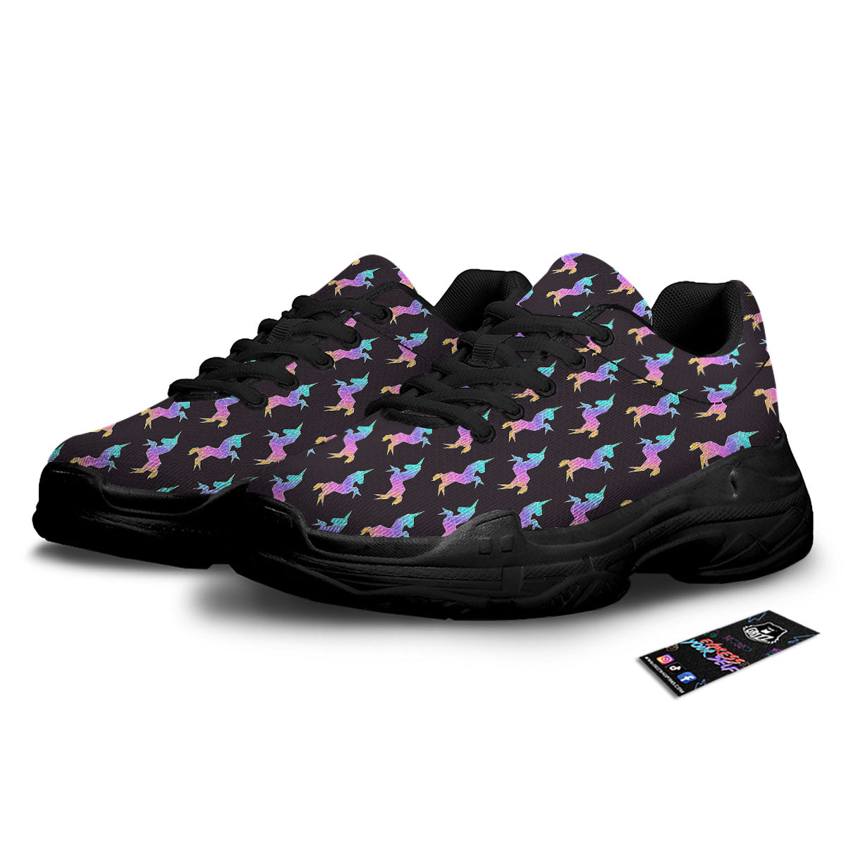 Unicorn Rainbow Origami Print Pattern Black Chunky Shoes-grizzshop