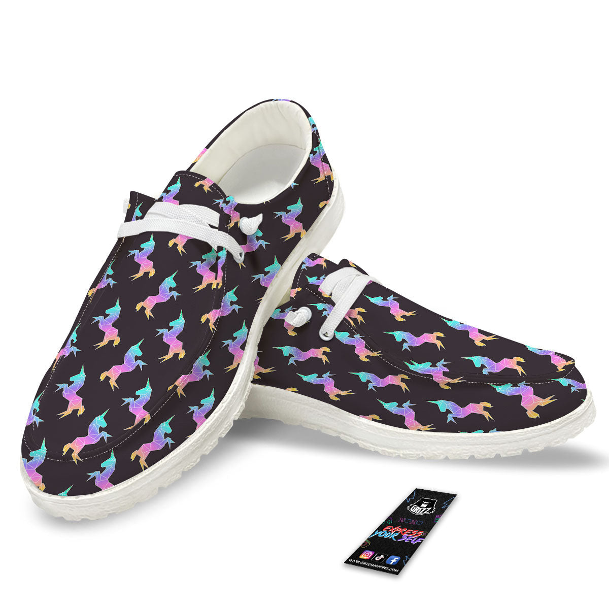Unicorn Rainbow Origami Print Pattern Black Loafers-grizzshop