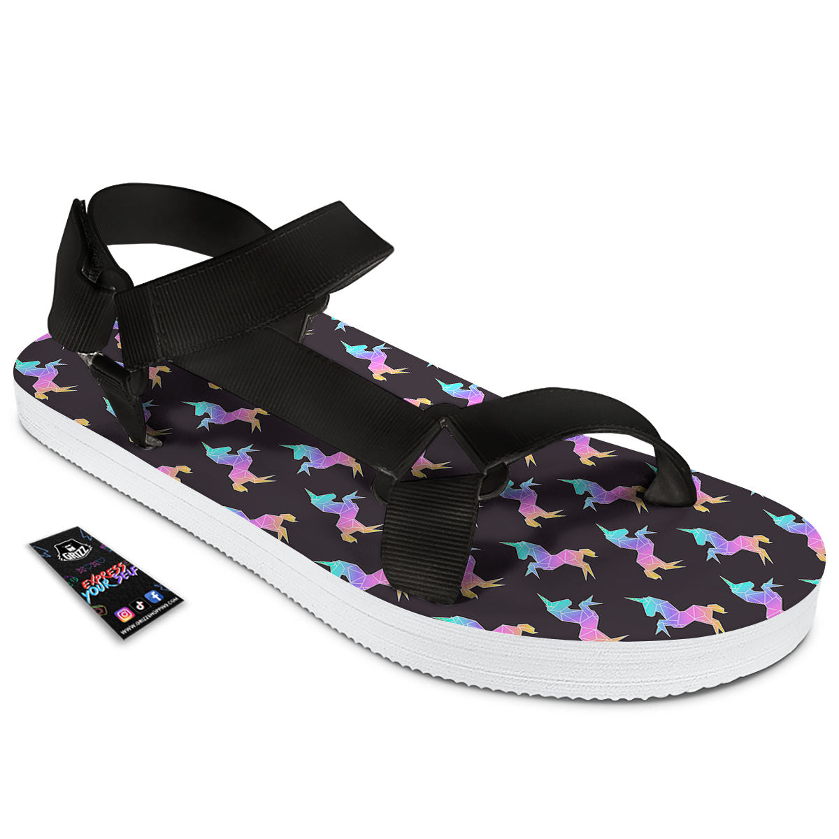 Unicorn Rainbow Origami Print Pattern Black Open Toe Sandals-grizzshop