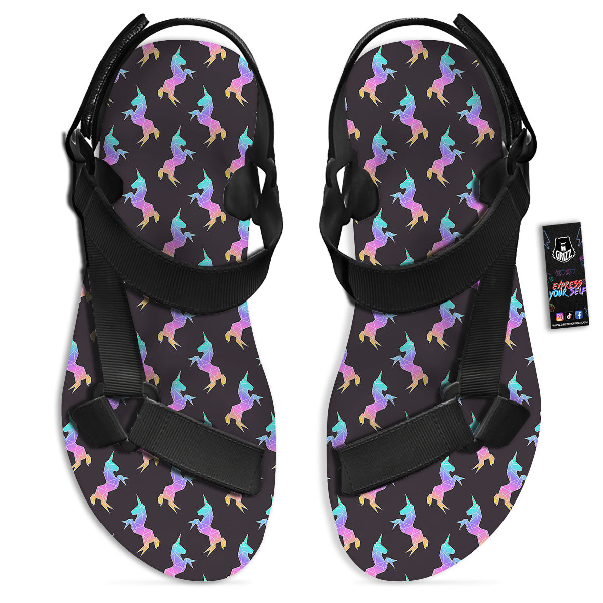 Unicorn Rainbow Origami Print Pattern Black Open Toe Sandals-grizzshop