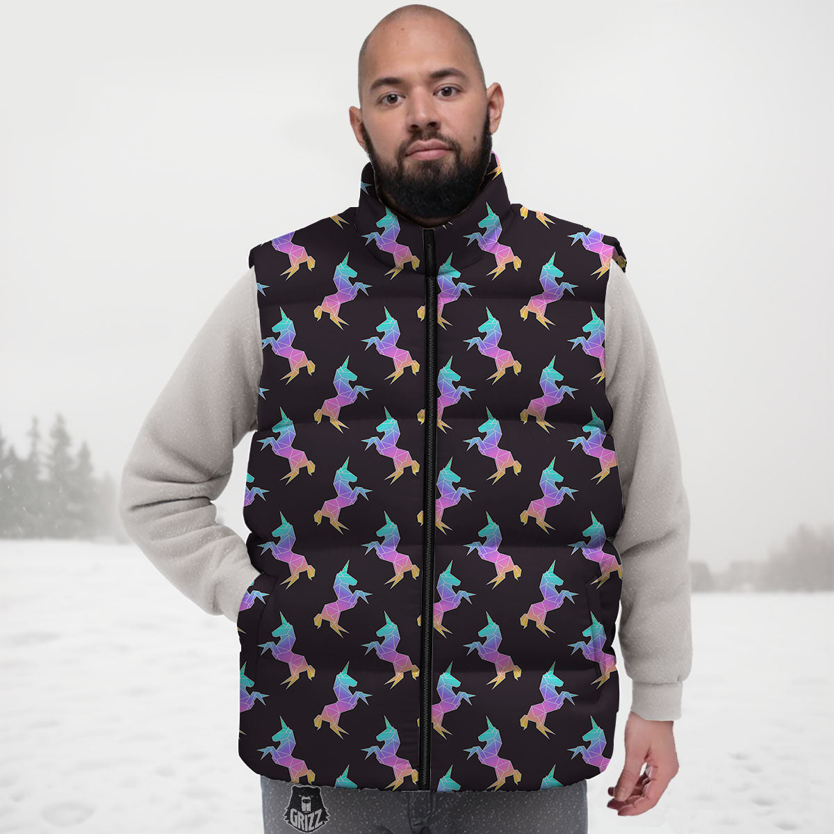 Unicorn Rainbow Origami Print Pattern Down Vest