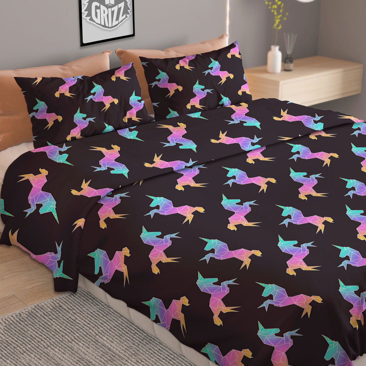 Unicorn Rainbow Origami Print Pattern Duvet Cover Bedding Set