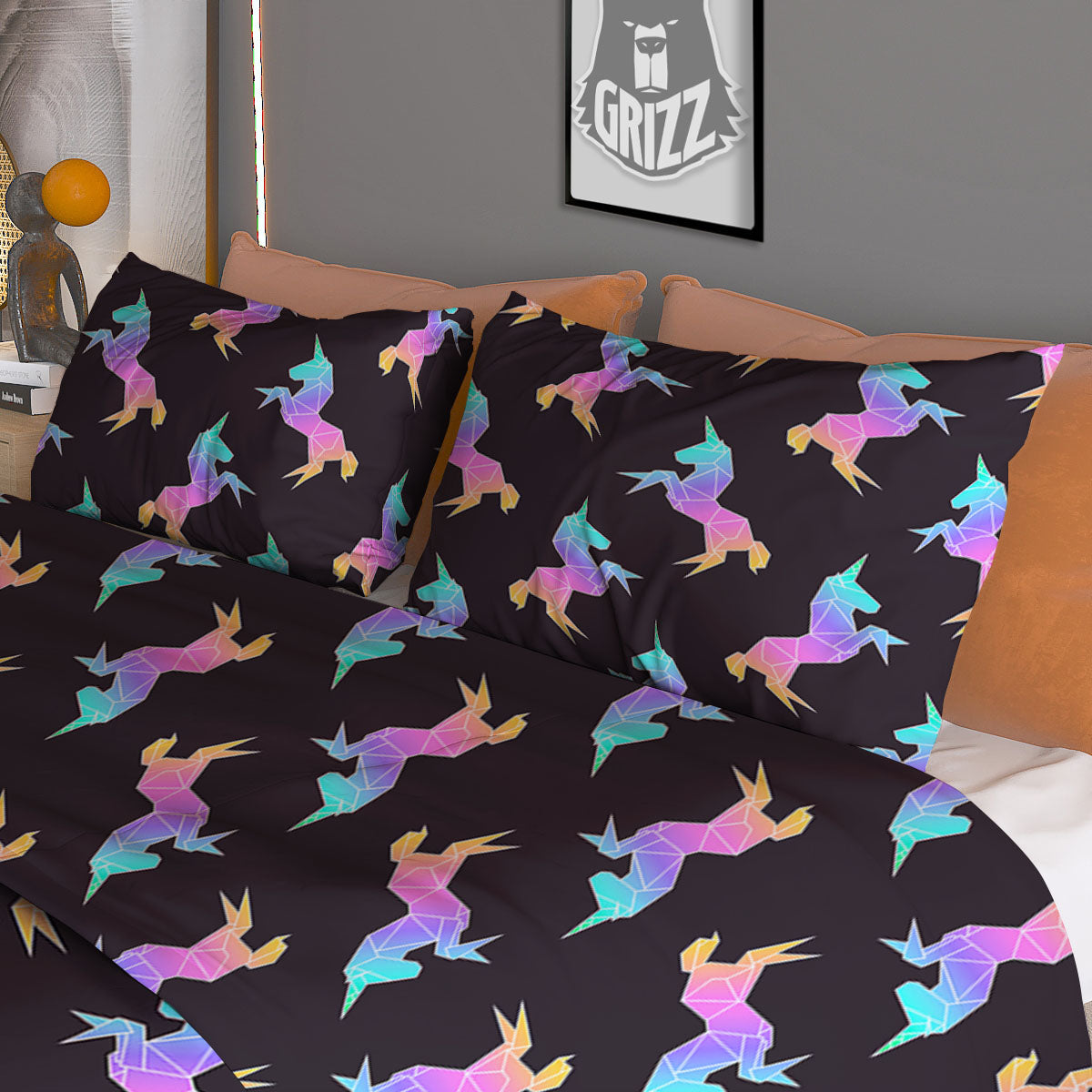 Unicorn Rainbow Origami Print Pattern Duvet Cover Bedding Set