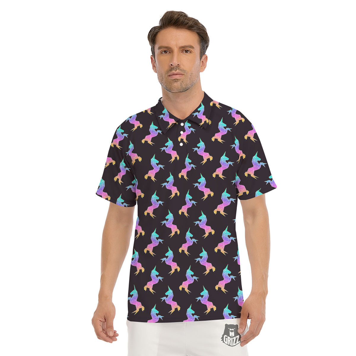 Unicorn Rainbow Origami Print Pattern Men's Golf Shirts-grizzshop