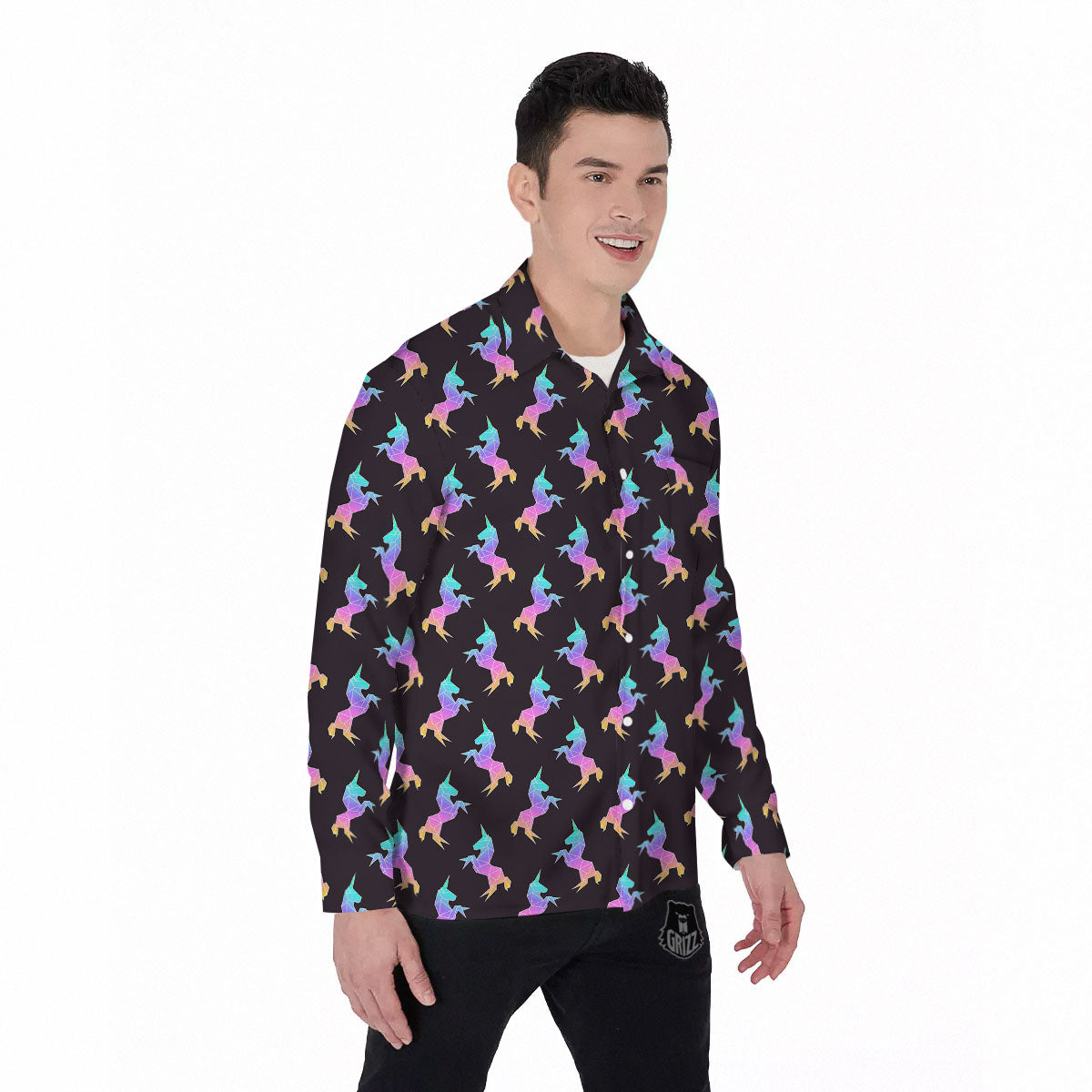 Unicorn Rainbow Origami Print Pattern Men's Long Sleeve Shirts-grizzshop