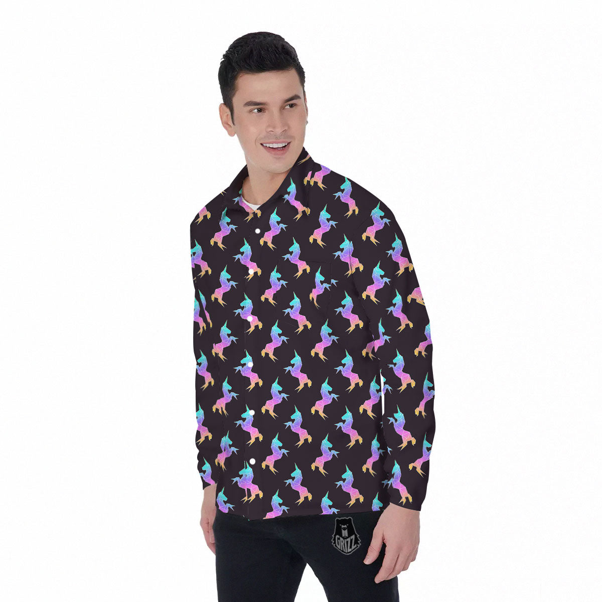 Unicorn Rainbow Origami Print Pattern Men's Long Sleeve Shirts-grizzshop